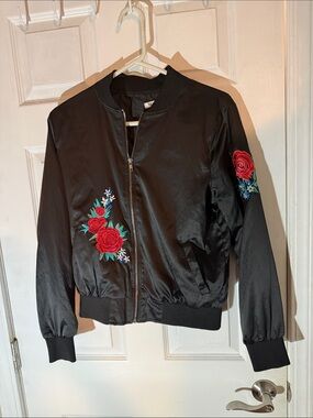 Black Bomber Jacket with Red Rose Embroidery